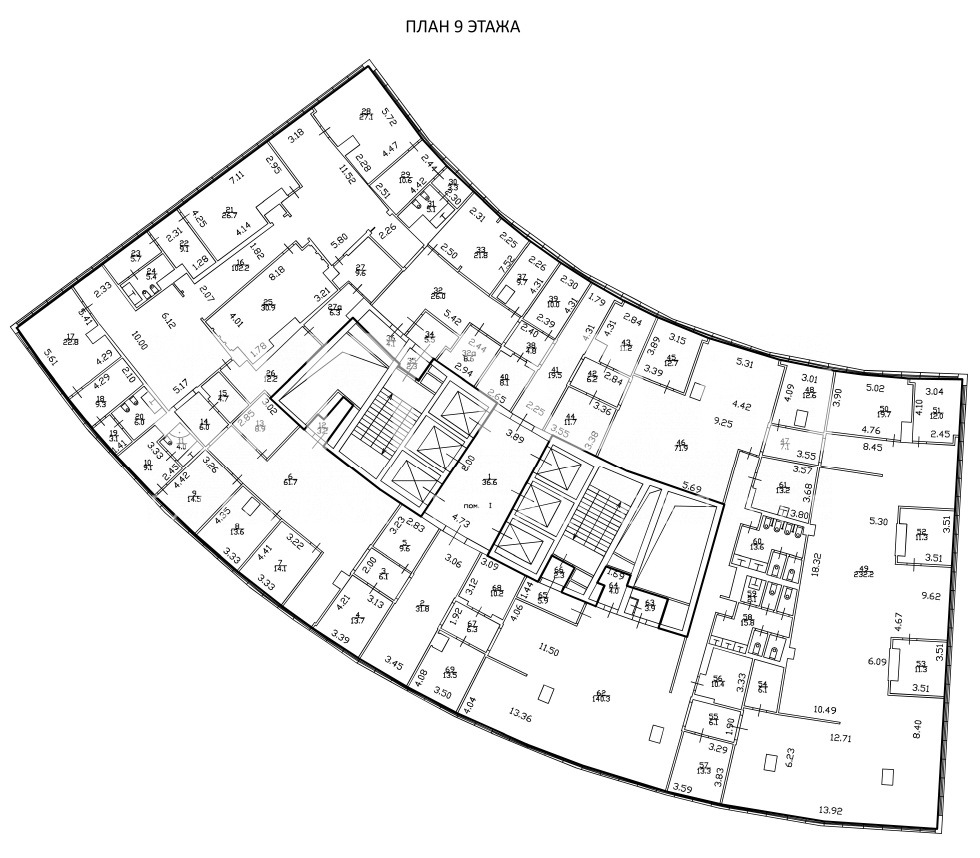 Планировка офиса 1340.7 м², 9 этаж, Бизнес-центр «Лотос»